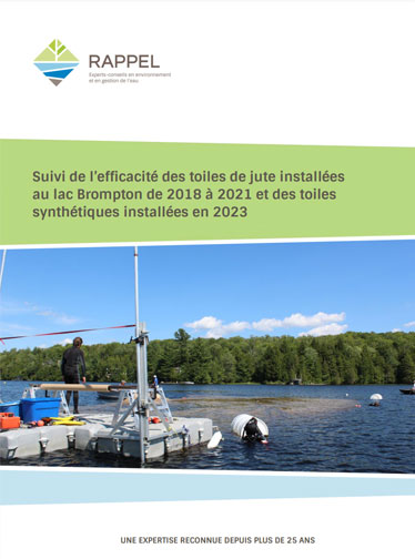 Suivi de l’efficacité des toiles de jute installées de 2018 à 2021 et des toiles synthétiques installées en 2023 au lac Brompton Préparé pour : Association pour la protection du lac Brompton (APLB) Préparé par : RAPPEL-COOP César Gabillot, M. Env. Révisé par : Jérémie Isabelle, Biol., M. Env. Présenté aux : Ministère de l'Environnement, de la Lutte contre les changements climatiques, de la Faune et des Parcs, Ministère Pêches et Océans Canada Autorisations numéro de référence