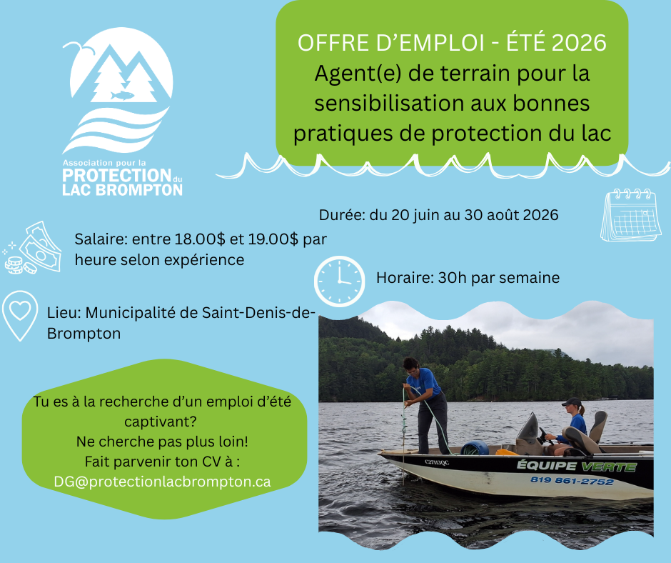 Offre d'emploi Agent de terrain Équipe Verte 2026 - Association pour la protection du Lac Brompton.