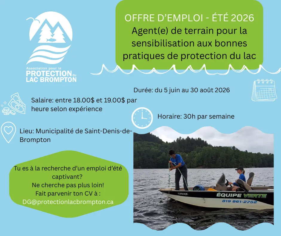 Offre d'emploi Agent de terrain Équipe Verte 2026 - Association pour la protection du Lac Brompton.